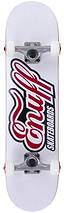 The Enuff Classic Logo White Complete Skateboard, measuring 7.75" x 31.5", features a white deck with "Enuff" in red script and "Skateboards" in black, along with Enuff Decade trucks and white wheels, making it ideal for beginners.