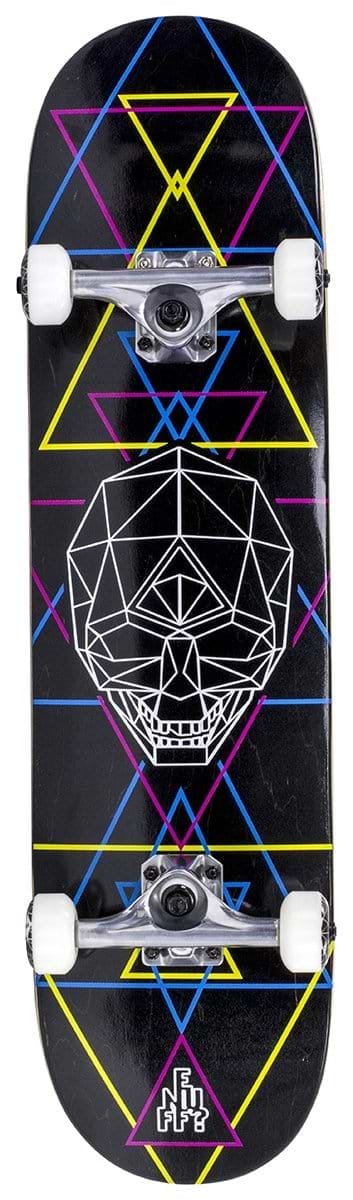 This Enuff Geo Skull CMYK Black complete skateboard, measuring 8" x 32", features a white design on a black deck with intersecting neon blue, pink, and yellow lines. It's paired with silver trucks and white wheels, making it an ideal choice for your skateboarding journey.