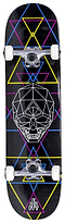 This Enuff Geo Skull CMYK Black complete skateboard, measuring 8" x 32", features a white design on a black deck with intersecting neon blue, pink, and yellow lines. It's paired with silver trucks and white wheels, making it an ideal choice for your skateboarding journey.