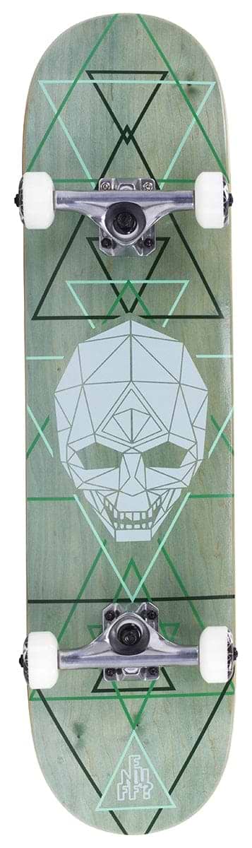 The Enuff Geo Skull Green Complete Skateboard - 8" x 32" features a 7-ply maple deck with a striking geometric skull design, showcasing green and white triangular patterns. It's fitted with silver Enuff Decade 139mm trucks and smooth white wheels for an exceptional riding experience.