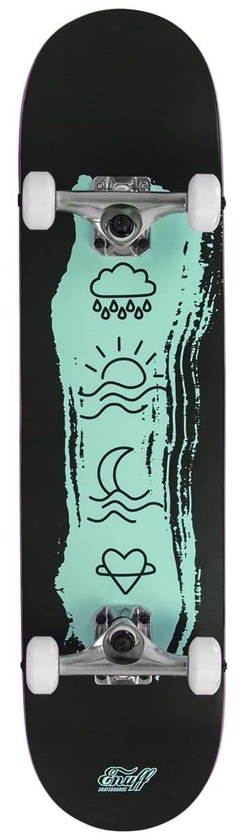 The Enuff Icon Green Complete Skateboard - 7.75" x 31.5" from Enuff features a striking teal deck adorned with black line art of a cloud, rain, sun, crescent moon, and heart against a pastel-colored bold brushstroke background. Equipped with white wheels, silver trucks, and smooth ABEC 7 bearings, this skateboard offers an artistic ride.