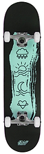 The Enuff Icon Green Complete Skateboard - 7.75" x 31.5" from Enuff features a striking teal deck adorned with black line art of a cloud, rain, sun, crescent moon, and heart against a pastel-colored bold brushstroke background. Equipped with white wheels, silver trucks, and smooth ABEC 7 bearings, this skateboard offers an artistic ride.