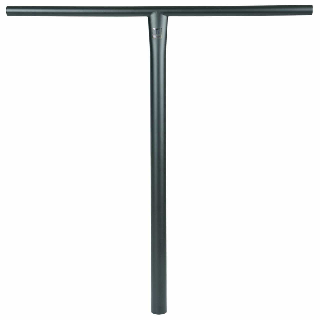 The Madd Gear MGP MFX BAMF Titanium Oversized HIC Stunt Scooter Bar in Matt Black features a sleek T-shaped design with a long vertical stem and horizontal grip bar. Crafted for strength and style, this 660mm x 685mm handlebar is perfect for those who seek durability and elegance in their ride.