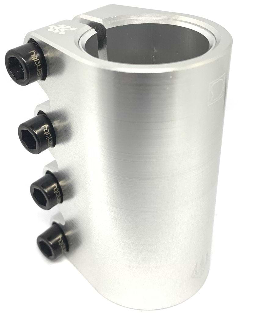 Close-up of the Entity Bios 4 Bolt Oversized SCS Stunt Scooter Clamp in raw silver, featuring four black screws on its side. The circular opening highlights a smooth, polished finish, complemented by titanium M8 bolts for added durability and sleek design.