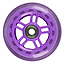 The JD Bug Original Street 100mm Scooter Wheel in purple showcases a close-up view, highlighting its translucent outer edge, spoke-like design, ABEC 5 bearings, and visible metal core, all embodying JD Bug's signature style.