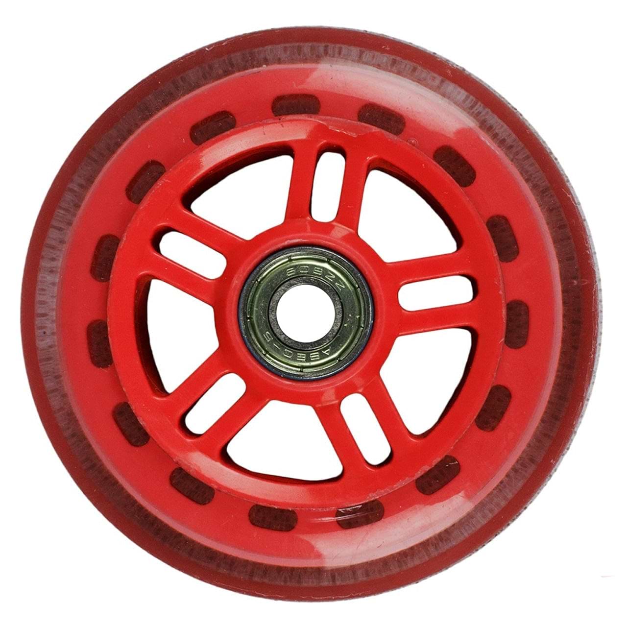 Close-up of a JD Bug Original Street 100mm Scooter Wheel in red, showcasing its core with ABEC 5 bearings. The wheel includes rectangular cutouts around the hub, subtly exposing the metal inside. Its smooth outer surface shows minimal wear, ensuring a sleek ride.
