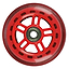Close-up of a JD Bug Original Street 100mm Scooter Wheel in red, showcasing its core with ABEC 5 bearings. The wheel includes rectangular cutouts around the hub, subtly exposing the metal inside. Its smooth outer surface shows minimal wear, ensuring a sleek ride.