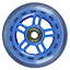 A close-up image of a JD Bug Original Street 100mm Scooter Wheel in Sky Blue, showcasing its ABEC 5 bearing at the center. The wheel is designed with multiple spokes and features a transparent outer edge.