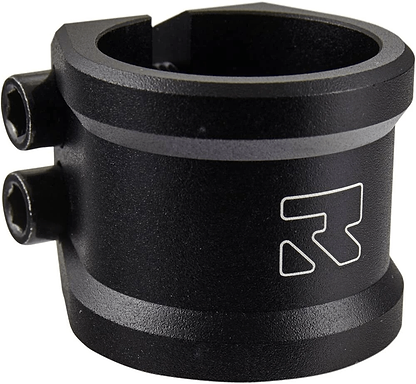 The Root Industries Lithium 2 Bolt Oversized Stunt Scooter Clamp in black is constructed from aircraft-grade aluminum and includes two hex screws on the side. It displays a white logo with a stylized "R" and features a circular opening designed for compression-tight securing of cylindrical objects.