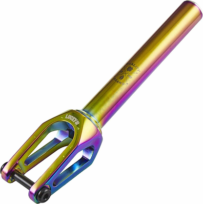 Introducing the Lucky Huracan V2 IHC Stunt Scooter Fork in Neochrome, featuring a vibrant rainbow-colored design with sleek metallic hues of gold, pink, blue, and green. Compatible with 120mm wheels, this fork boasts intricate details alongside the distinctive Lucky branding engraved on its surface.