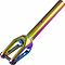 Introducing the Lucky Huracan V2 IHC Stunt Scooter Fork in Neochrome, featuring a vibrant rainbow-colored design with sleek metallic hues of gold, pink, blue, and green. Compatible with 120mm wheels, this fork boasts intricate details alongside the distinctive Lucky branding engraved on its surface.