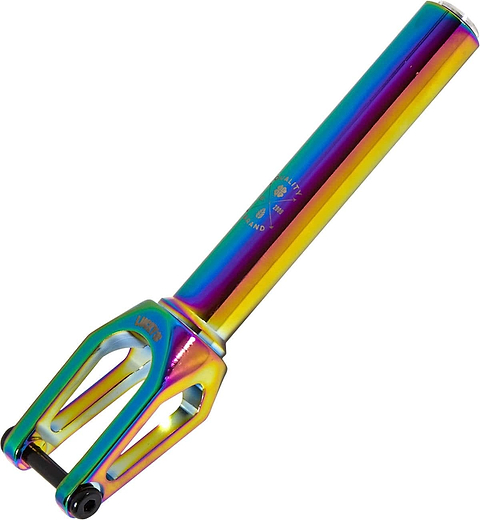 The Lucky Huracan V2 SCS/HIC Stunt Scooter Fork - Neochrome from the brand Lucky is an iridescent pro scooter fork with a cylindrical stem and dual pronged ends. It is designed for 120mm wheel compatibility and displays a gradient of blue, yellow, and pink hues on its surface, giving it a shiny, metallic look.