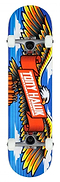 This Tony Hawk 180 Series Wingspan Complete Skateboard - 8" x 31.5" features a vibrant graphic of an eagle with outstretched wings, clutching a red banner with bold white text against a backdrop of blue skies and clouds. The skateboard is complete with white wheels and silver trucks, evoking the iconic design style associated with the Tony Hawk brand.