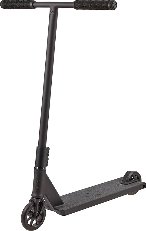 The Native Stem 495mm S Complete Stunt Scooter in black features a T-shaped handlebar, textured grips, small wheels, and a flat deck—ideal for beginners learning new tricks.
