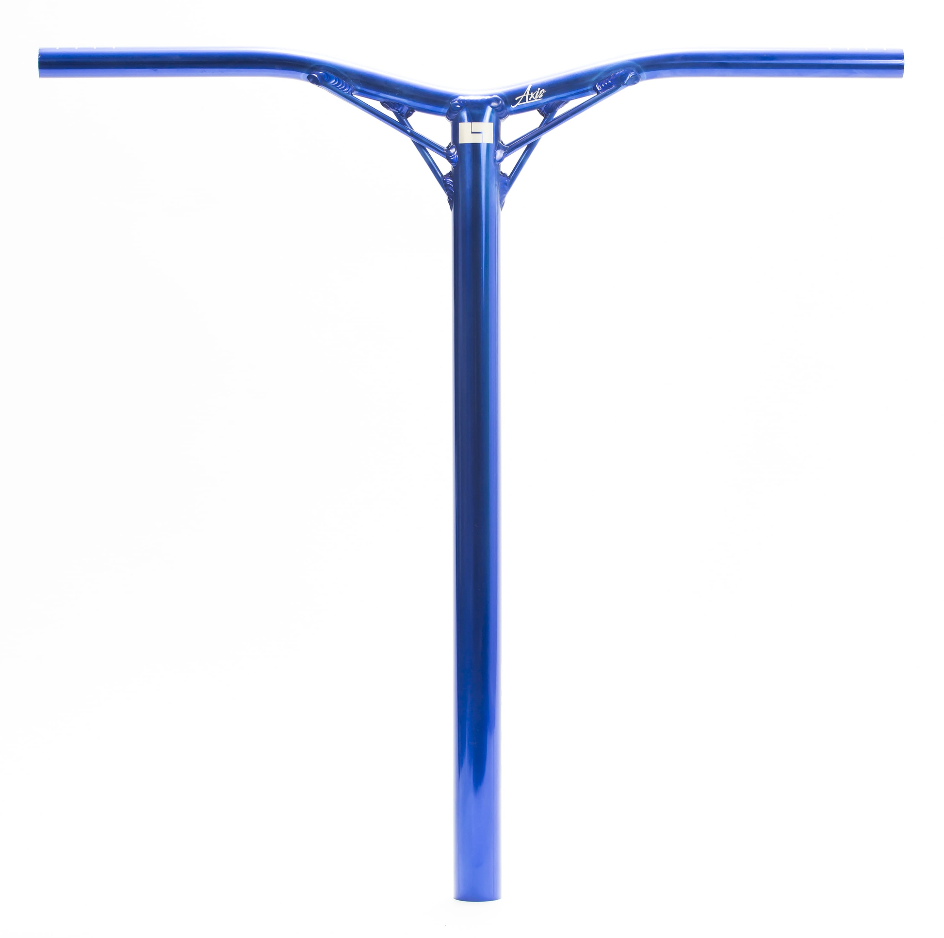 The Logic Axis V2 Aluminium Oversized IHC Stunt Scooter Bars in blue, measuring 610mm x 610mm, showcase a T-shaped design with a reinforced crossbar made from aluminum. Set against a plain white background, these lightweight scooter bars from Logic deliver superior performance and style.