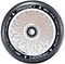 A close-up of the Fasen Hypno Offset 120mm Stunt Scooter Wheel in chrome, showcasing its lightweight design with a geometric core pattern. The rim is black with "FASTEN" and "ONE TWENTY MILLIMETRE" in white around the edge, emphasizing its Hyno Hollow Core feature for enhanced rolling performance. The size is annotated as "864.