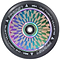 A vibrant wheel for a stunt scooter, the Fasen Hypno Offset 120mm Stunt Scooter Wheel in Neochrome features geometric patterns in blue, green, and purple hues. It includes a black outer edge and silver bearing, with white text on the rim stating "Fasen 86A - One Twenty Millimetre," making it an ideal choice for those who want lightweight yet stylish scooter wheels.