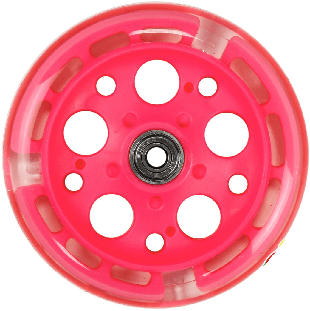 Introducing the Zycom 125mm Light Up Front Scooter Wheel in Pink, featuring a vibrant design with a black central bearing and multiple circular cutouts. The wheel is encased in a translucent outer layer. Its built-in LEDs light up as you glide, providing a dazzling touch to your ride.