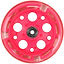 Introducing the Zycom 125mm Light Up Front Scooter Wheel in Pink, featuring a vibrant design with a black central bearing and multiple circular cutouts. The wheel is encased in a translucent outer layer. Its built-in LEDs light up as you glide, providing a dazzling touch to your ride.