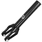 The Apex Quantum SCS/HIC Stunt Scooter Forks - Black, produced by Apex, boast a sleek tubular design with a prominent logo on the side. This durable scooter fork upgrade includes two screw holes for easy attachment and is displayed against a clean white background.