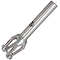 The Apex Quantum SCS/HIC Stunt Scooter Forks in Raw Silver provide a robust upgrade with their cylindrical tube design and pronged end. The polished metal surface, featuring the Apex logo, is crafted for enhanced durability and performance, and includes mounting points for easy installation on any scooter deck.