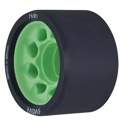 The Radar Halo 97A Roller Derby Wheels in charcoal and green feature a black outer edge with multiple cutout sections around the center, ideal for roller derby. The dimensions, 59mm x 38mm, are clearly specified on this Radar product.