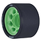 The Radar Halo 97A Roller Derby Wheels in charcoal and green feature a black outer edge with multiple cutout sections around the center, ideal for roller derby. The dimensions, 59mm x 38mm, are clearly specified on this Radar product.