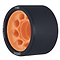 Close-up of a Radar Halo 86A Roller Derby Wheel in charcoal and orange, highlighting its black outer layer and orange inner core. This derby wheel includes an H-shaped hub with the words "Halo" and "Radar" visible, along with the dimensions "59mm x 38mm.