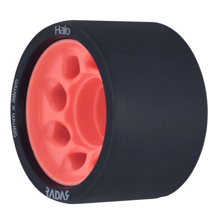 Close-up of a single Radar Halo 93A Roller Derby Wheel showcasing its charcoal outer surface and vibrant pink inner core with an H-shaped hub. The wheel features five circular cutouts and white lettering that spells "Halo" along the edge. The size markings, 59mm x 38mm, are clearly visible on the side, making it ideal for derby enthusiasts.