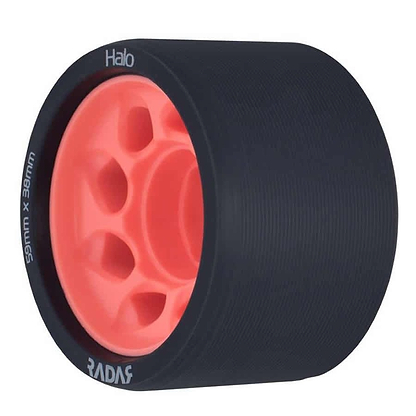 Close-up of a single Radar Halo 93A Roller Derby Wheel showcasing its charcoal outer surface and vibrant pink inner core with an H-shaped hub. The wheel features five circular cutouts and white lettering that spells "Halo" along the edge. The size markings, 59mm x 38mm, are clearly visible on the side, making it ideal for derby enthusiasts.