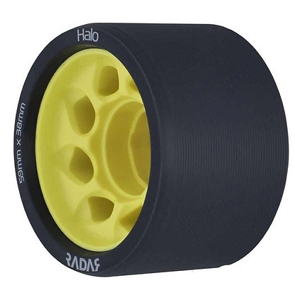 The Radar Halo 91A Roller Derby Wheels in Charcoal and Yellow, measuring 59mm x 38mm, are an eye-catching choice with their unique design, making them an excellent option for derby enthusiasts.