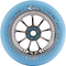 Introducing the Serenity Blue River Glide Scooter Wheel by River: This wheel features a sophisticated laurel wreath design with a sleek gray anodized 6061-T6 aluminum core, proudly displaying "Performance Urethane | USA Made | 110 mm | Buff-Core Technology | Glide.
