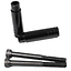 Against a white background, two black brackets and two black screws with threaded ends are displayed. These Dare Sports Mini Stunt Scooter Pegs by Dare are designed for versatility, featuring grooves on their surfaces for enhanced grip or adjustment, making them an ideal addition to any stunt scooter setup.