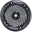 Close-up of a black and white scooter wheel featuring the eye-catching, hypnotic pattern of the Fasen Hypno Square 120mm Stunt Scooter Wheel at its center. The words "Fasen," "86A," and "One Twenty Millimetre" are printed around the edge, highlighting it as the lightest 120mm wheel in its class.