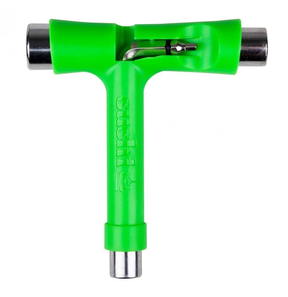 The Sushi Ultimate Ninja Skateboard Multi T-Tool in green is an ergonomic skateboarder's tool that includes metal sockets at each end and an integrated Phillips head screwdriver for convenience. Branded with the name "Sushi," it's your essential Allen/Philips tool for a smooth ride.