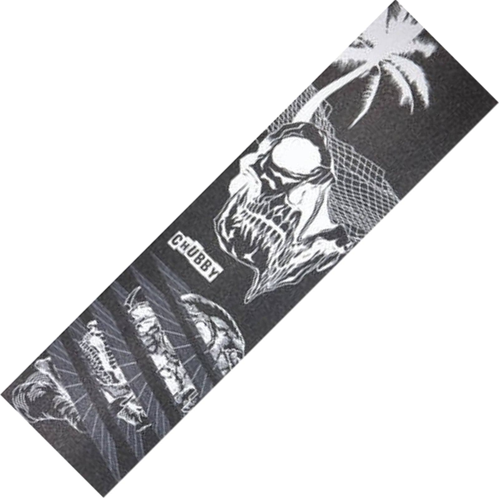 Show off your style at the skatepark with a skateboard designed to feature a monochrome graphic of a skull surrounded by palm trees and adorned with the word "CHUBBY." Paired with the durable Chubby Stunt Scooter Griptape - Tropical, it combines striking flair with practical function for every ride.