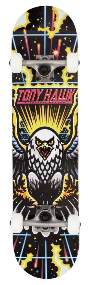Discover the Tony Hawk 180 Series Arcade Complete Skateboard, sized at 7.5" x 31", ideal for entry-level skaters. It showcases a vibrant design of a stylized eagle with outstretched wings, accented by lightning bolts and stars, with "TONY HAWK" prominently displayed in eye-catching pink letters.