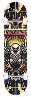 Discover the Tony Hawk 180 Series Arcade Complete Skateboard, sized at 7.5" x 31", ideal for entry-level skaters. It showcases a vibrant design of a stylized eagle with outstretched wings, accented by lightning bolts and stars, with "TONY HAWK" prominently displayed in eye-catching pink letters.