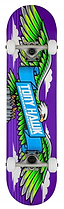 The Tony Hawk 180 Series Wingspan Complete Skateboard, sized at 7.75" x 31", showcases a striking green and white eagle clutching a blue banner emblazoned with "TONY HAWK". Its durable 7-ply maple deck features a purple background with cloud motifs, finished off with stylish white wheels.