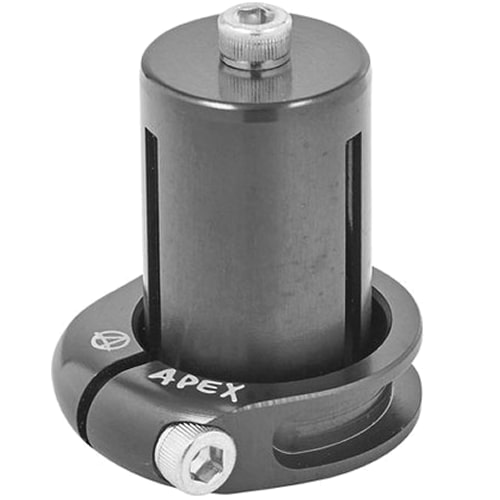 The Apex Mono Lite 1 Bolt Oversized Stunt Scooter Clamp & HIC Kit in black features an adjustable circular base with screws for secure fastening. Designed by Apex, this lightweight cylindrical part is perfect for HIC kits or stunt scooter setups, providing reliable performance and flexibility.