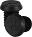 Two Root Industries Standard Bar Ends in black, crafted from plastic with a threaded design and flat tops, feature a raised, stylized letter that resembles an "L" or "7" on each. Positioned at slight angles, these bar ends complement any setup just like Root Industries' steel handlebars enhance any ride.