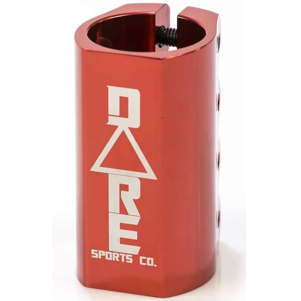 The Dare Warlord 4 Bolt Oversized SCS Stunt Scooter Clamp in red is expertly crafted from 6061 aluminum. It features a sleek design with "DARE" and a triangle logo engraved on it, with "SPORTS CO." displayed beneath. Designed for your SCS stunt scooter, this clamp includes multiple screw holes to ensure secure fastening.