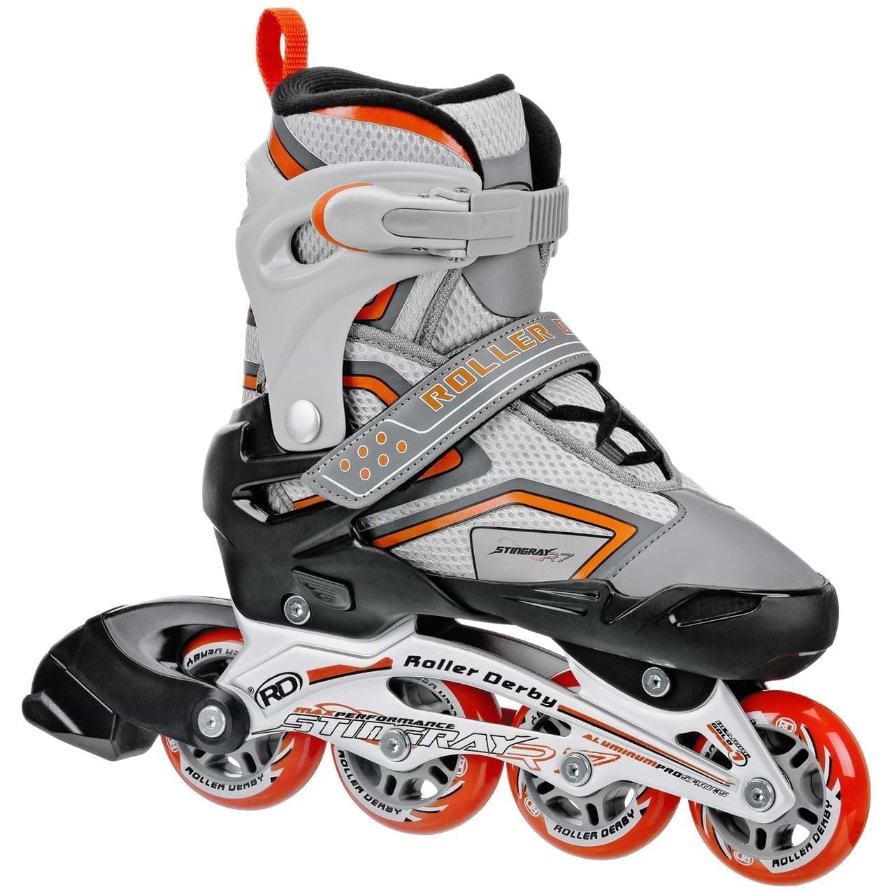 The Roller Derby Stingray R7 Adjustable Inline Skates in grey and orange feature a four-wheel design with red wheels on an aluminium pro-style frame. The boot combines mesh and plastic for durability, offering reinforced ankle support, and is equipped with straps labeled "Roller" and "Strikartz Performance Series." The frame proudly displays the "Roller Derby" branding.