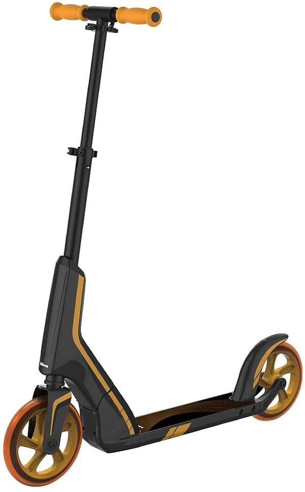 Introducing the JD Bug Pro Commute 185 Foldable Scooter in Black/Gold. This sleek scooter by JD Bug features orange wheels and grips, a minimalist design, and an ergonomically engineered structure. The gold stripe on the board and handlebar stem adds a touch of elegance, while its dual bearing system ensures smooth rides.