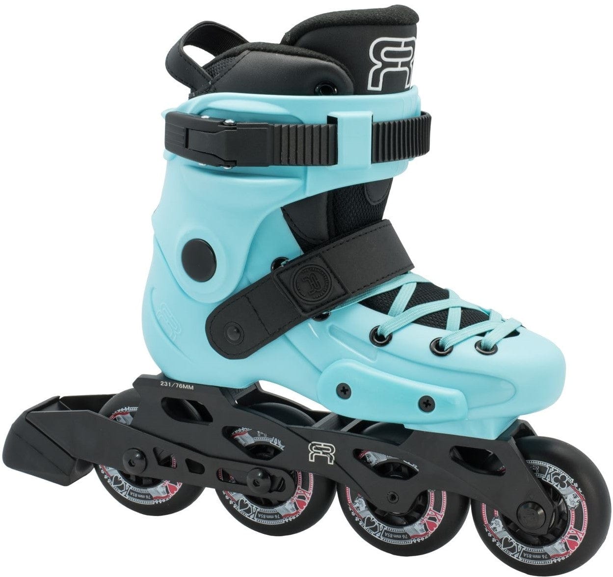A detailed shot of the FR Skates Junior Adjustable Inline Skates - Blue showcases its black straps and four black wheels with white and red accents. The boot includes protective padding and a durable design, complemented by X2R rocker-able frames, making it perfect for junior skaters.