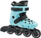 A detailed shot of the FR Skates Junior Adjustable Inline Skates - Blue showcases its black straps and four black wheels with white and red accents. The boot includes protective padding and a durable design, complemented by X2R rocker-able frames, making it perfect for junior skaters.