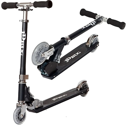 The JD Bug Junior Street MS100 Kids Foldable Kick Scooter in Matt Black features a safe folding mechanism, two silver wheels, black grips on the handlebar, and displays "JD Bug" on the stem and deck. It's shown both upright and folded to highlight its portable design.