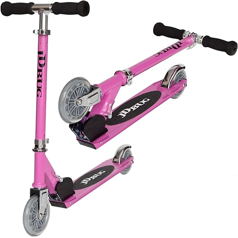 Introducing the JD Bug Junior Street MS100, a pastel pink kids' foldable scooter with black foam handle grips, silver wheels, and "JD BUG" on its stem and footboard. It features a textured black grip area and seamlessly transitions between folded and upright positions.