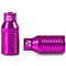 Displayed are two sleek Apex Bowie Aluminium Stunt Scooter Pegs in metallic purple. One stands upright, while the other rests horizontally. These lightweight aluminium pegs feature a ridged texture and display a circular emblem with an "A" at the center.