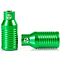 Two gleaming, lightweight anodized metal pegs with ribbed designs and a logo on top. Proudly part of the Apex Bowie Aluminium Stunt Scooter Pegs in Green, one stands upright while the other lies horizontally beside it, showcasing their durable texture and cylindrical shape.